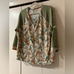 Cato Green and Cream Floral Long Sleeve Top